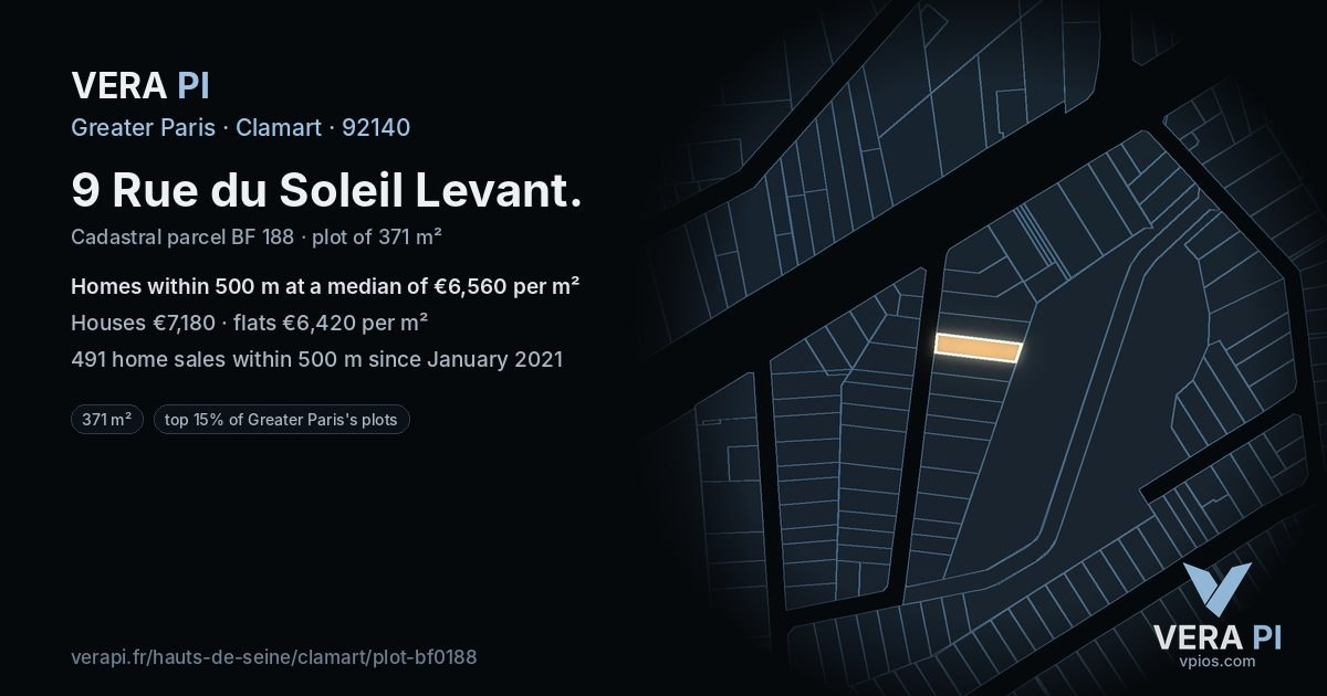 9 Rue du Soleil Levant, Clamart at night – the plot lit, the parcels around coloured by the prices near them