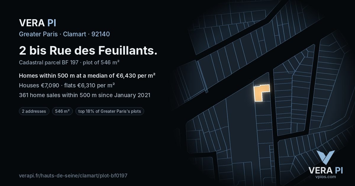 2 bis Rue des Feuillants, Clamart at night – the plot lit, the parcels around coloured by the prices near them