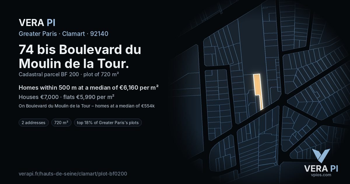 74 bis Boulevard du Moulin de la Tour, Clamart at night – the plot lit, the parcels around coloured by the prices near them