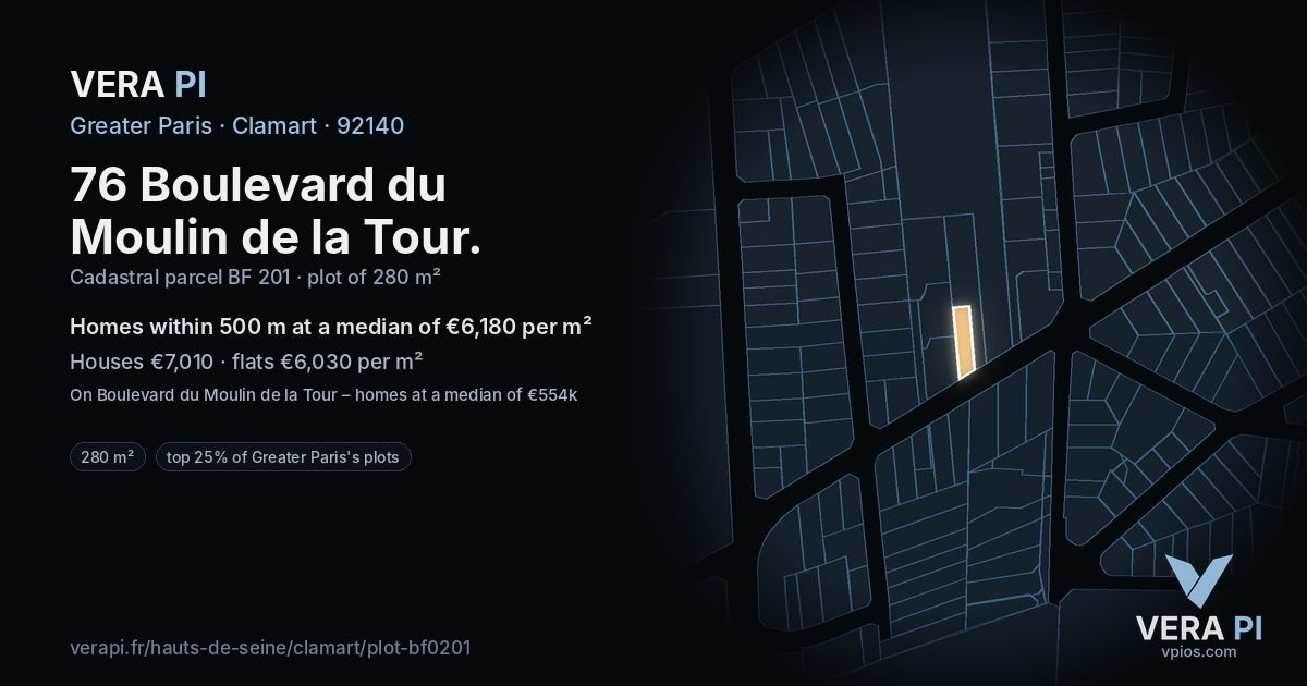 76 Boulevard du Moulin de la Tour, Clamart at night – the plot lit, the parcels around coloured by the prices near them