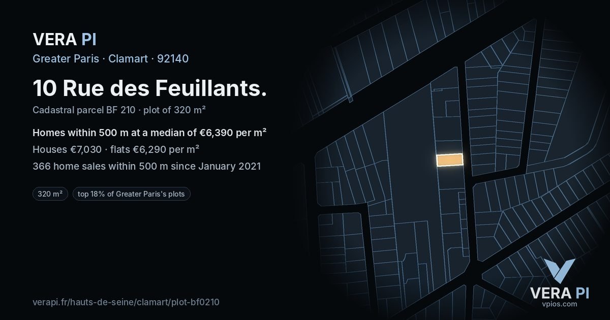 10 Rue des Feuillants, Clamart at night – the plot lit, the parcels around coloured by the prices near them