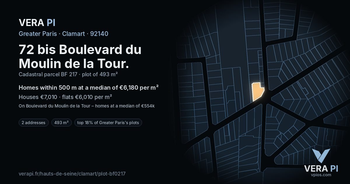 72 bis Boulevard du Moulin de la Tour, Clamart at night – the plot lit, the parcels around coloured by the prices near them