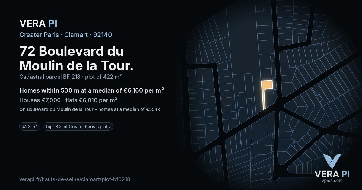 72 Boulevard du Moulin de la Tour, Clamart at night – the plot lit, the parcels around coloured by the prices near them