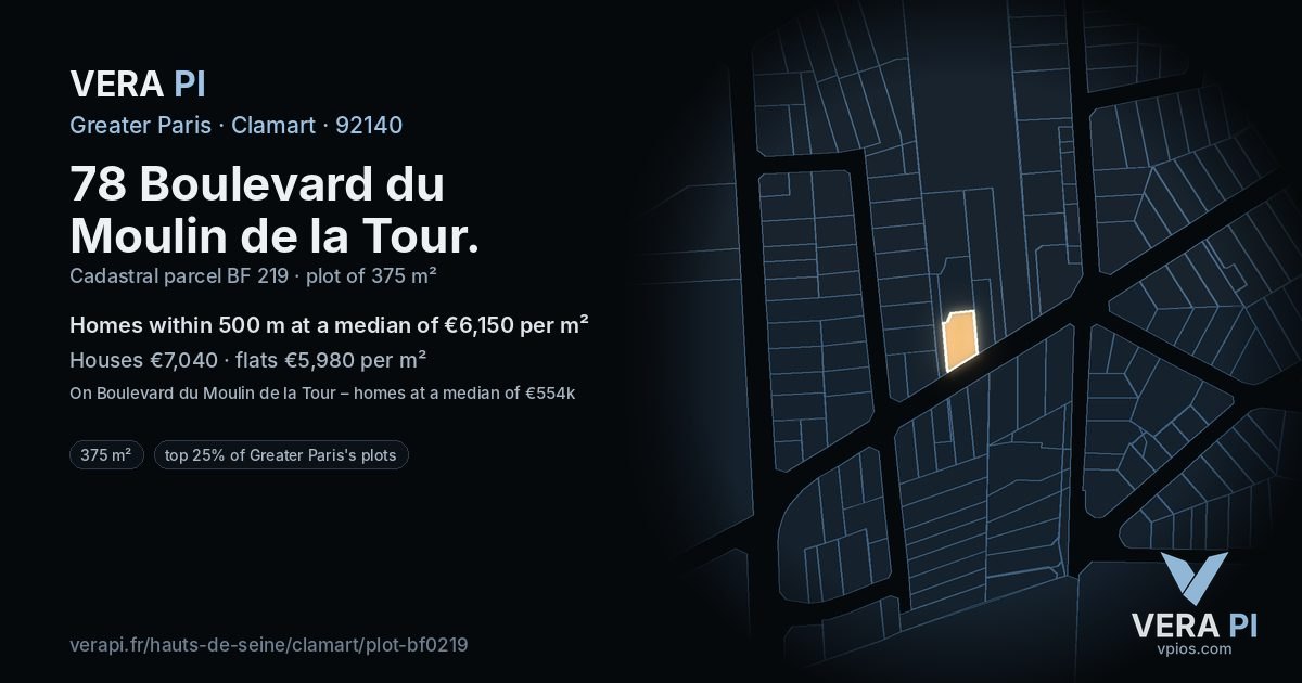 78 Boulevard du Moulin de la Tour, Clamart at night – the plot lit, the parcels around coloured by the prices near them