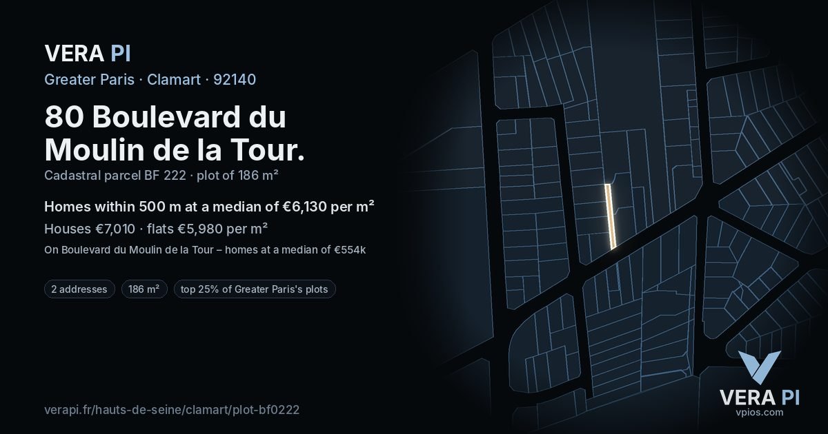 80 Boulevard du Moulin de la Tour, Clamart at night – the plot lit, the parcels around coloured by the prices near them