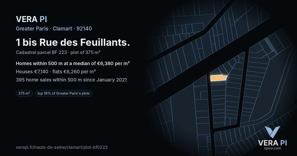 1 bis Rue des Feuillants, Clamart at night – the plot lit, the parcels around coloured by the prices near them