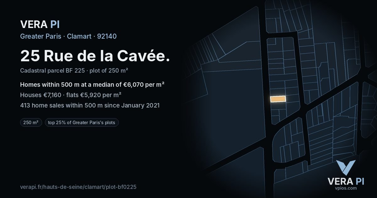 25 Rue de la Cavée, Clamart at night – the plot lit, the parcels around coloured by the prices near them