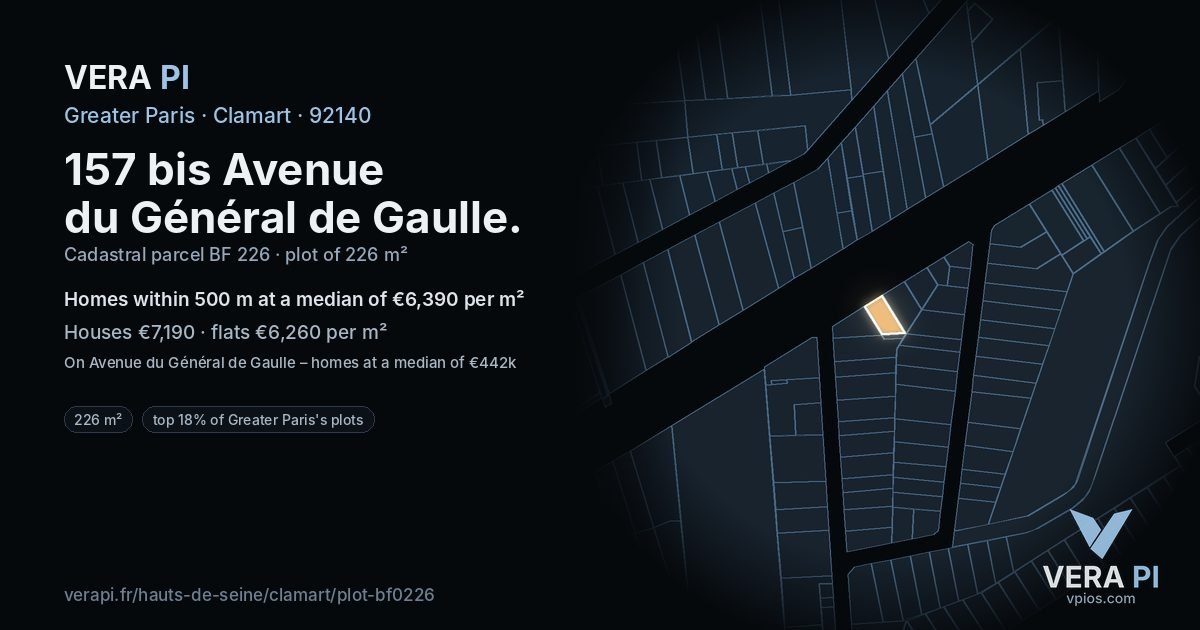 157 bis Avenue du Général de Gaulle, Clamart at night – the plot lit, the parcels around coloured by the prices near them