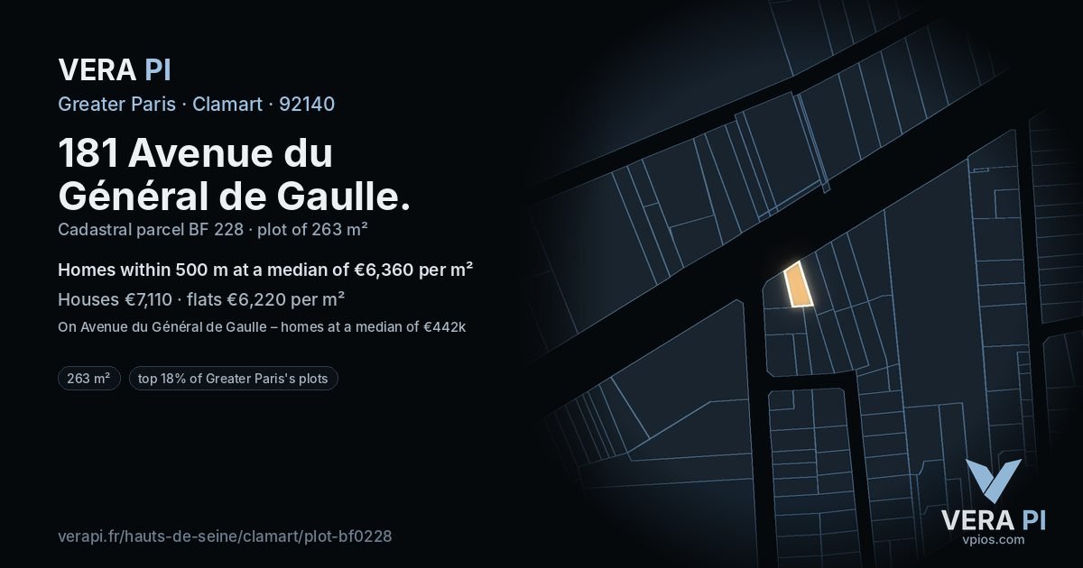 181 Avenue du Général de Gaulle, Clamart at night – the plot lit, the parcels around coloured by the prices near them