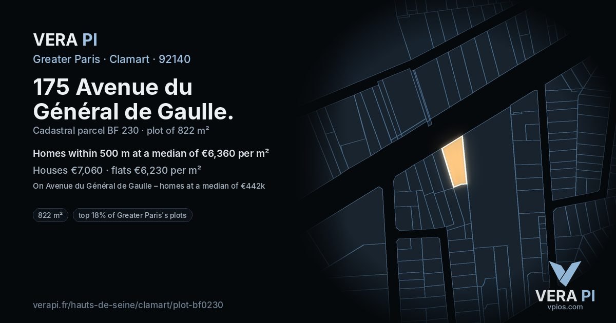 175 Avenue du Général de Gaulle, Clamart at night – the plot lit, the parcels around coloured by the prices near them