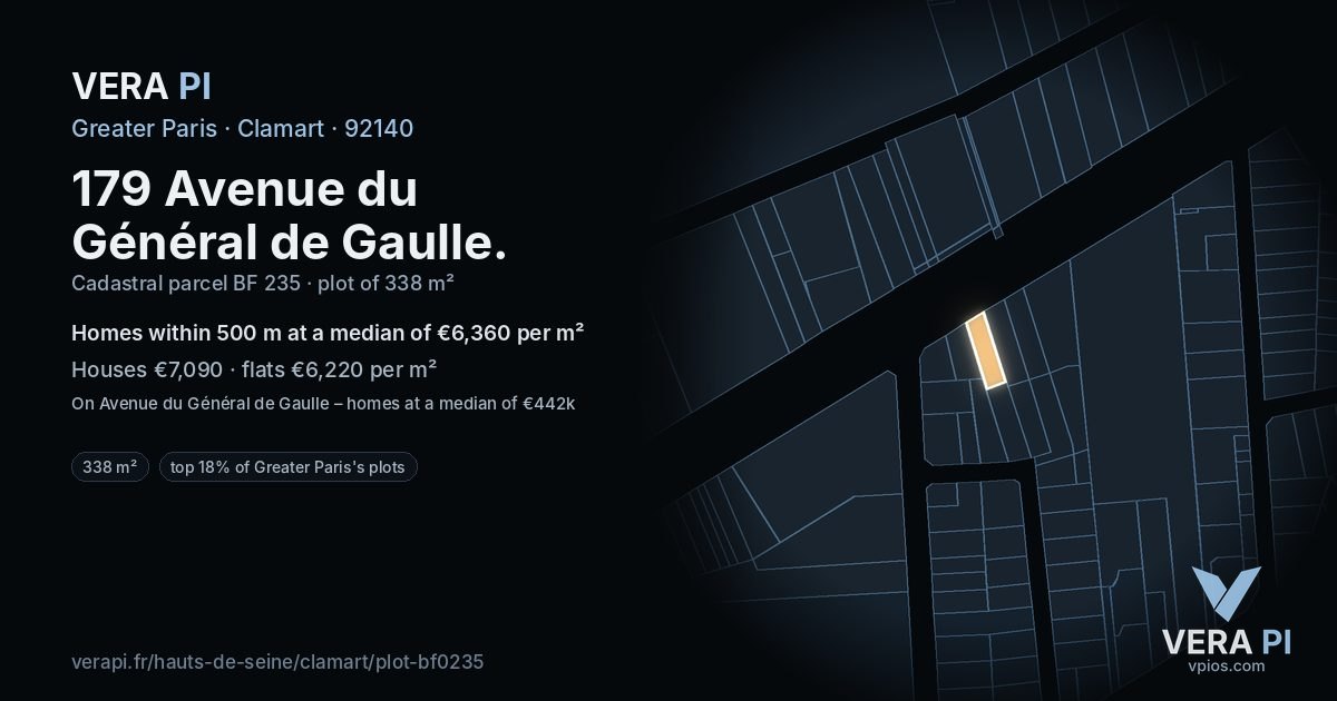 179 Avenue du Général de Gaulle, Clamart at night – the plot lit, the parcels around coloured by the prices near them