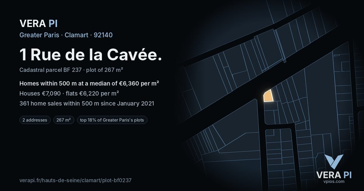 1 Rue de la Cavée, Clamart at night – the plot lit, the parcels around coloured by the prices near them