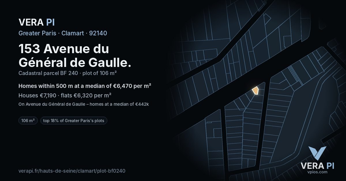 153 Avenue du Général de Gaulle, Clamart at night – the plot lit, the parcels around coloured by the prices near them