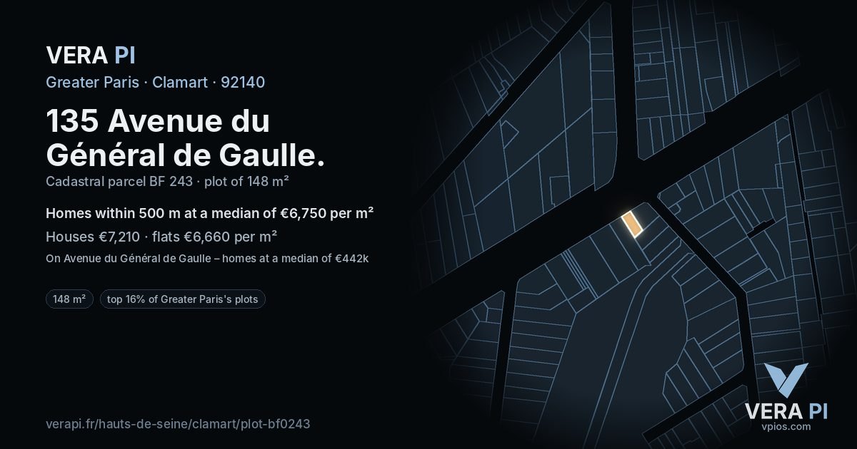 135 Avenue du Général de Gaulle, Clamart at night – the plot lit, the parcels around coloured by the prices near them