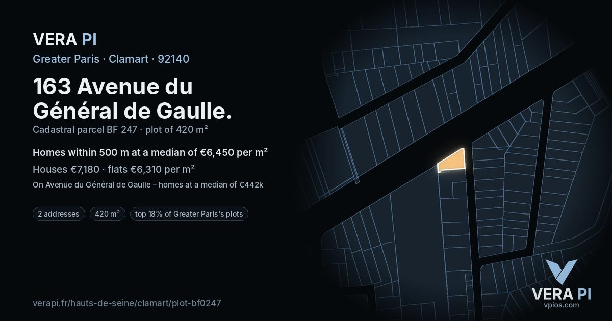 163 Avenue du Général de Gaulle, Clamart at night – the plot lit, the parcels around coloured by the prices near them