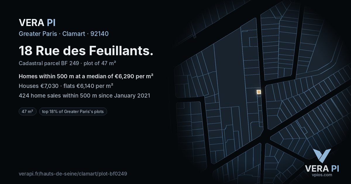 18 Rue des Feuillants, Clamart at night – the plot lit, the parcels around coloured by the prices near them