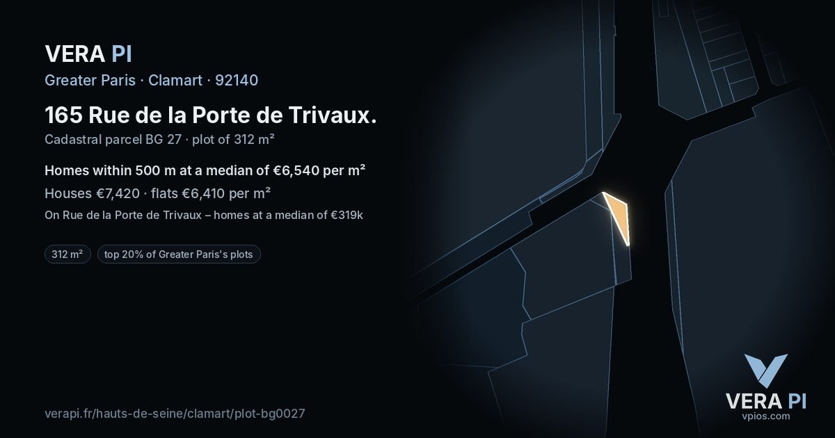 165 Rue de la Porte de Trivaux, Clamart at night – the plot lit, the parcels around coloured by the prices near them