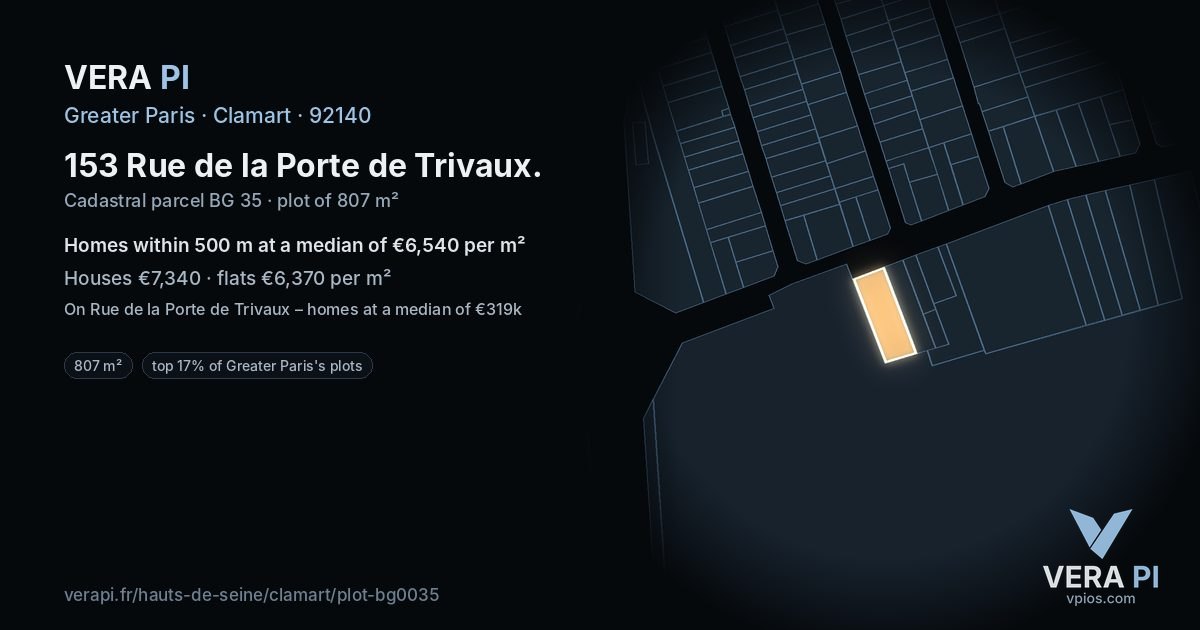 153 Rue de la Porte de Trivaux, Clamart at night – the plot lit, the parcels around coloured by the prices near them