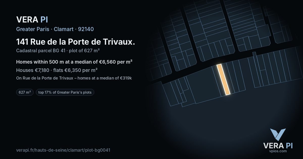 141 Rue de la Porte de Trivaux, Clamart at night – the plot lit, the parcels around coloured by the prices near them