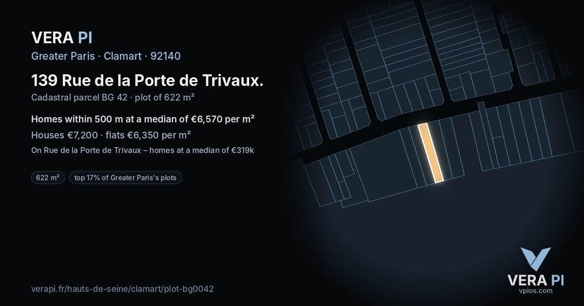 139 Rue de la Porte de Trivaux, Clamart at night – the plot lit, the parcels around coloured by the prices near them