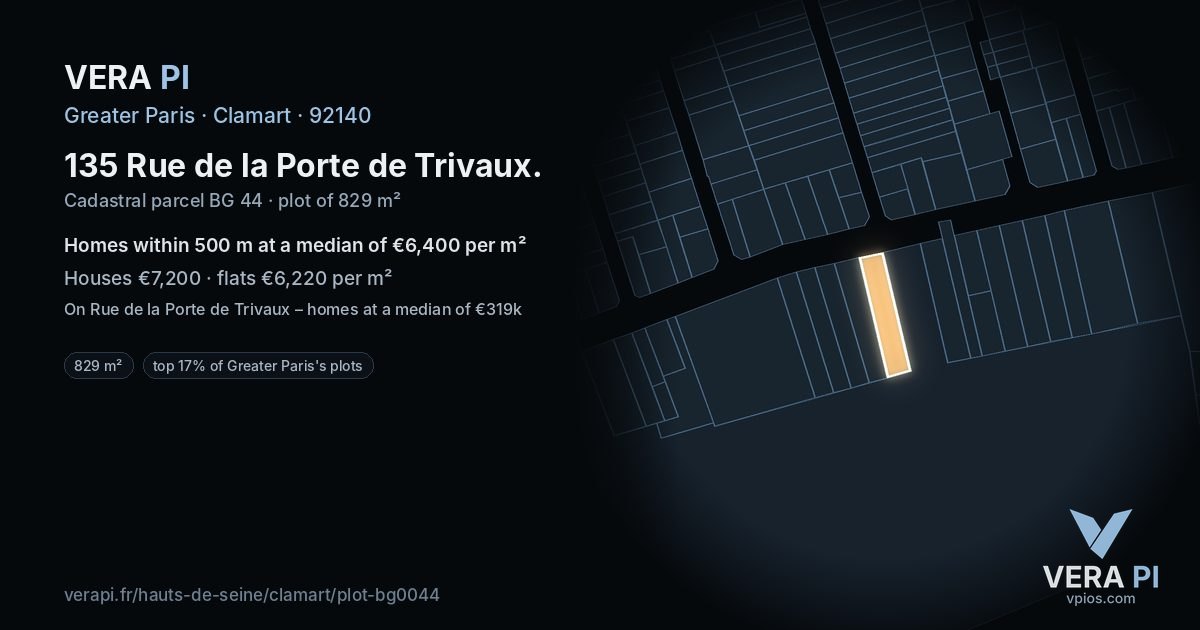 135 Rue de la Porte de Trivaux, Clamart at night – the plot lit, the parcels around coloured by the prices near them