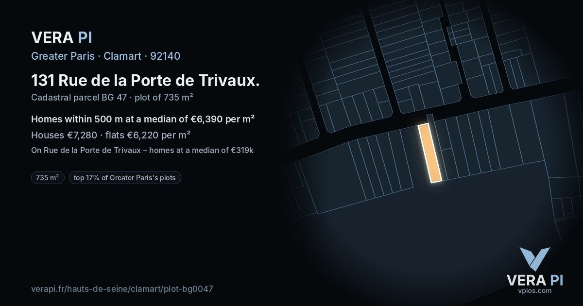 131 Rue de la Porte de Trivaux, Clamart at night – the plot lit, the parcels around coloured by the prices near them