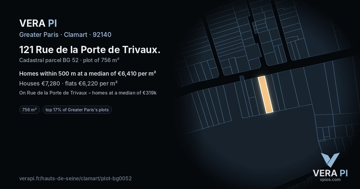 121 Rue de la Porte de Trivaux, Clamart at night – the plot lit, the parcels around coloured by the prices near them