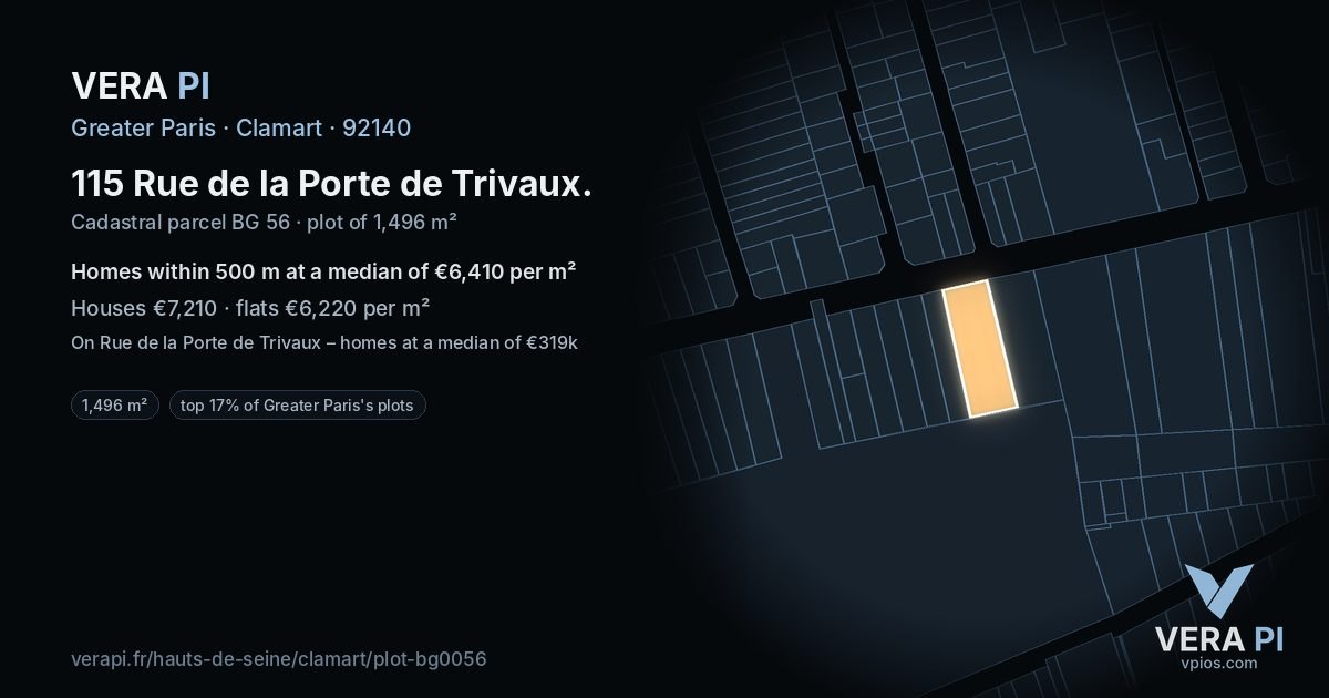115 Rue de la Porte de Trivaux, Clamart at night – the plot lit, the parcels around coloured by the prices near them