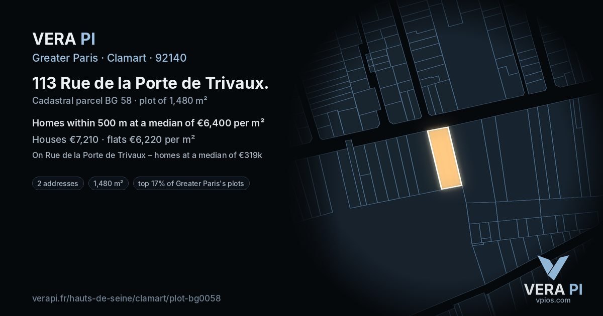 113 Rue de la Porte de Trivaux, Clamart at night – the plot lit, the parcels around coloured by the prices near them