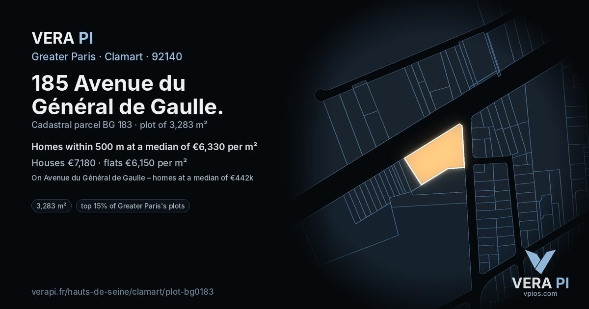 185 Avenue du Général de Gaulle, Clamart at night – the plot lit, the parcels around coloured by the prices near them