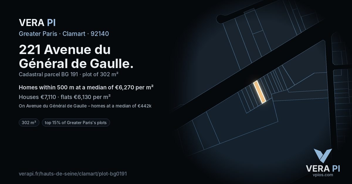 221 Avenue du Général de Gaulle, Clamart at night – the plot lit, the parcels around coloured by the prices near them