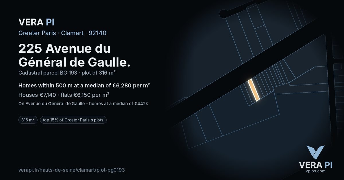 225 Avenue du Général de Gaulle, Clamart at night – the plot lit, the parcels around coloured by the prices near them