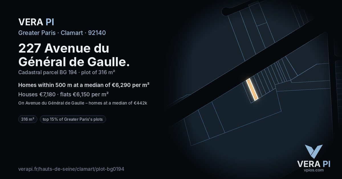 227 Avenue du Général de Gaulle, Clamart at night – the plot lit, the parcels around coloured by the prices near them
