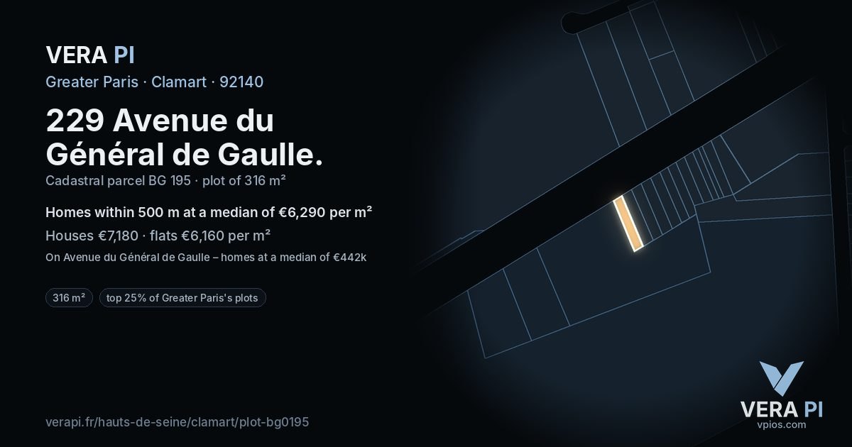229 Avenue du Général de Gaulle, Clamart at night – the plot lit, the parcels around coloured by the prices near them