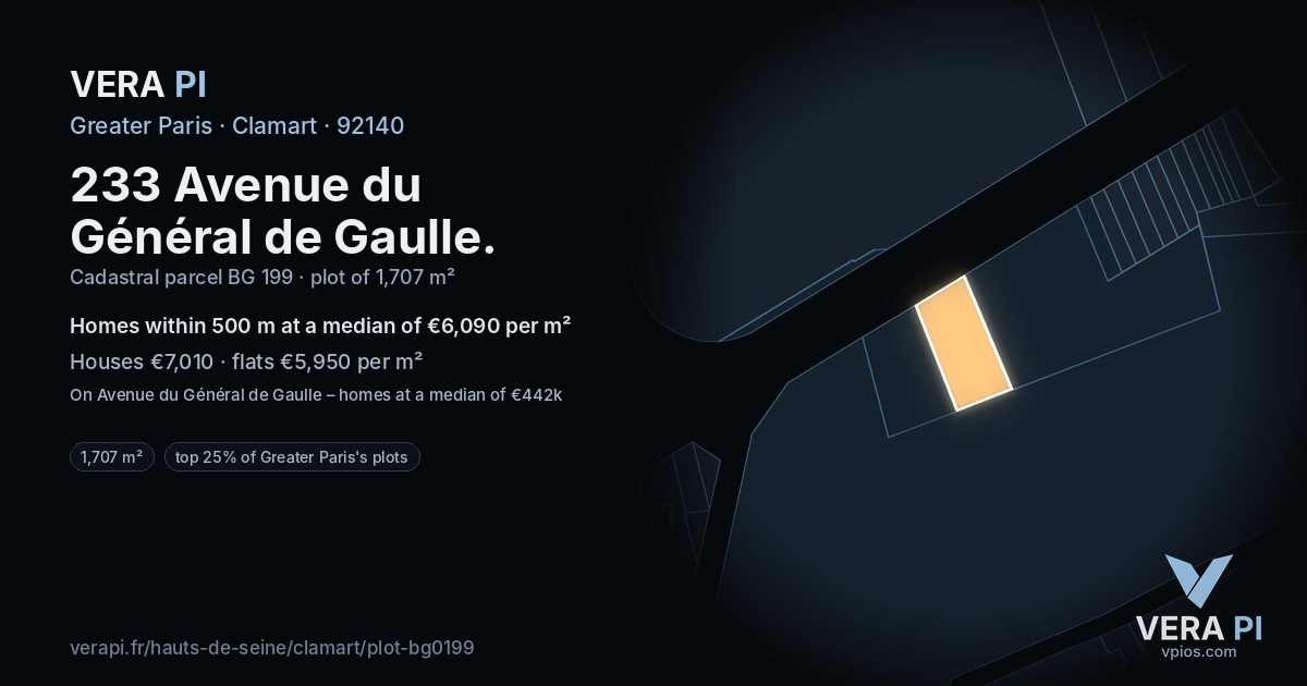 233 Avenue du Général de Gaulle, Clamart at night – the plot lit, the parcels around coloured by the prices near them