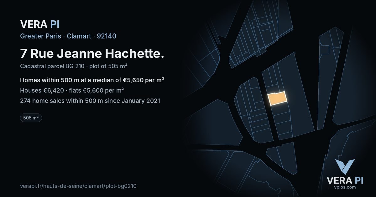 7 Rue Jeanne Hachette, Clamart at night – the plot lit, the parcels around coloured by the prices near them