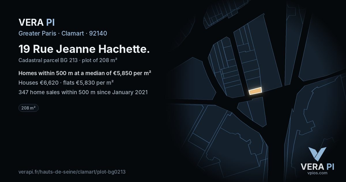19 Rue Jeanne Hachette, Clamart at night – the plot lit, the parcels around coloured by the prices near them