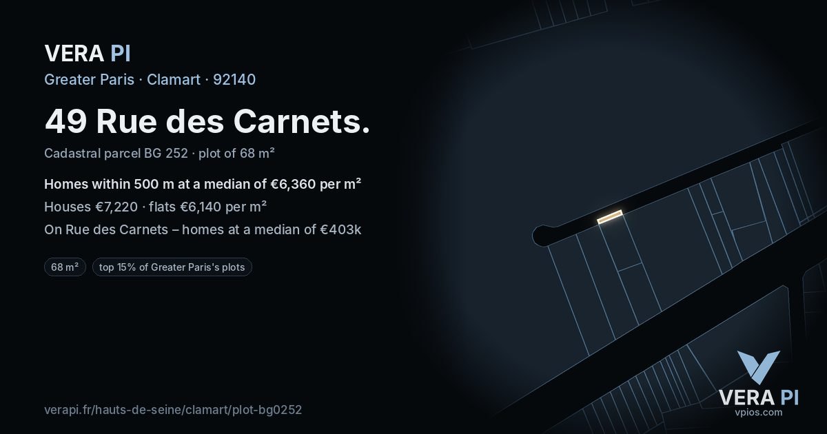 49 Rue des Carnets, Clamart at night – the plot lit, the parcels around coloured by the prices near them