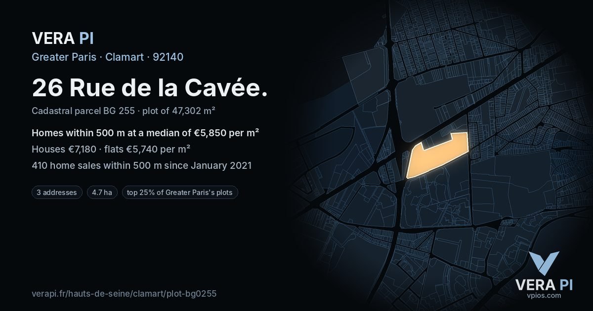 26 Rue de la Cavée, Clamart at night – the plot lit, the parcels around coloured by the prices near them