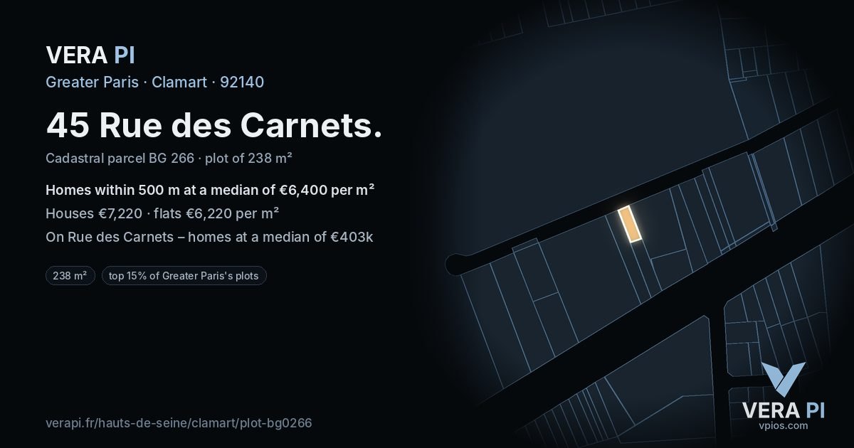 45 Rue des Carnets, Clamart at night – the plot lit, the parcels around coloured by the prices near them
