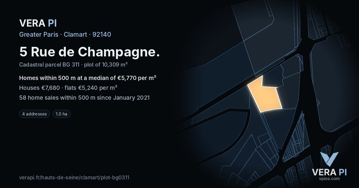 5 Rue de Champagne, Clamart at night – the plot lit, the parcels around coloured by the prices near them