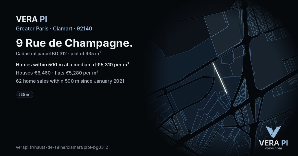 9 Rue de Champagne, Clamart at night – the plot lit, the parcels around coloured by the prices near them