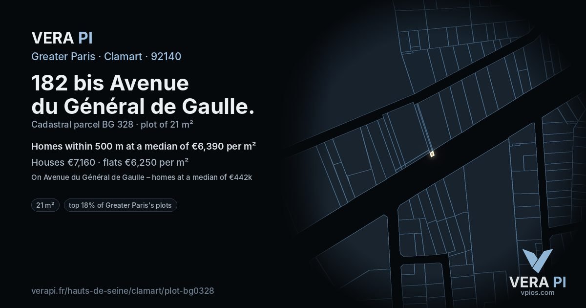 182 bis Avenue du Général de Gaulle, Clamart at night – the plot lit, the parcels around coloured by the prices near them