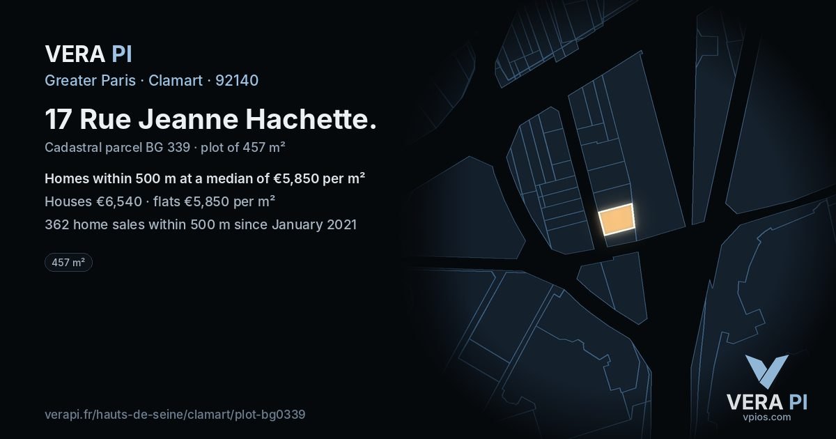 17 Rue Jeanne Hachette, Clamart at night – the plot lit, the parcels around coloured by the prices near them