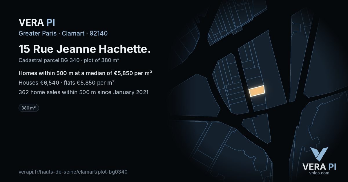 15 Rue Jeanne Hachette, Clamart at night – the plot lit, the parcels around coloured by the prices near them