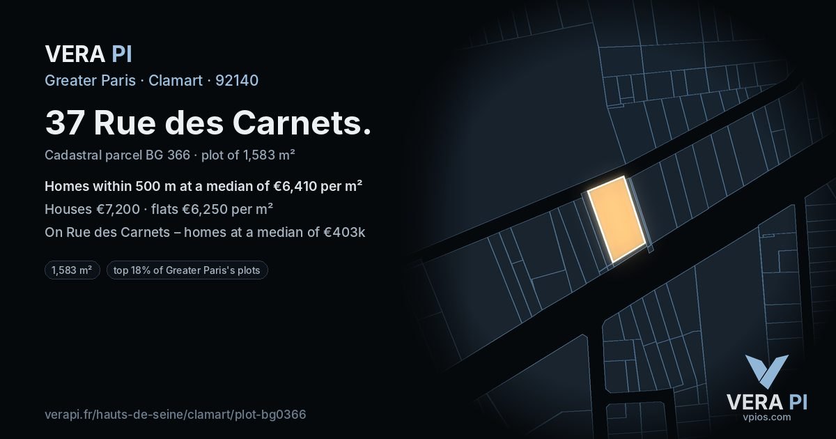 37 Rue des Carnets, Clamart at night – the plot lit, the parcels around coloured by the prices near them