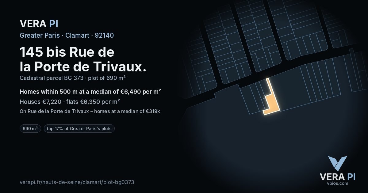 145 bis Rue de la Porte de Trivaux, Clamart at night – the plot lit, the parcels around coloured by the prices near them