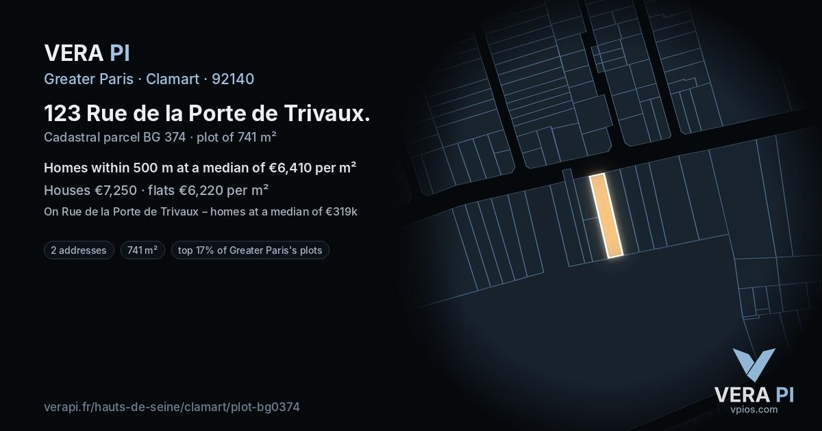 123 Rue de la Porte de Trivaux, Clamart at night – the plot lit, the parcels around coloured by the prices near them