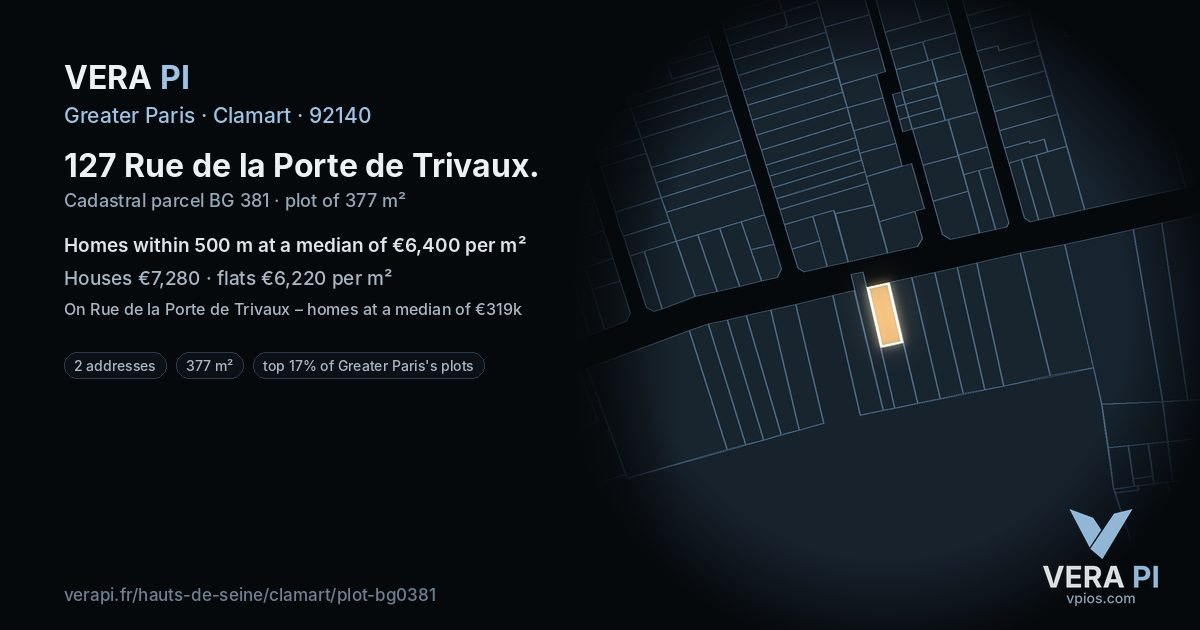 127 Rue de la Porte de Trivaux, Clamart at night – the plot lit, the parcels around coloured by the prices near them