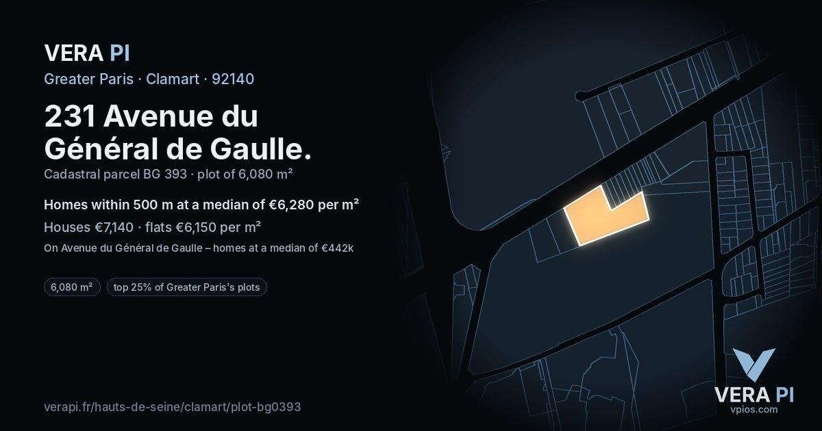 231 Avenue du Général de Gaulle, Clamart at night – the plot lit, the parcels around coloured by the prices near them